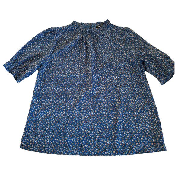 BTFBM Blue Floral High Neck Short Sleeve Blouse Size Large Ruffled Sleeves - Picture 3 of 13